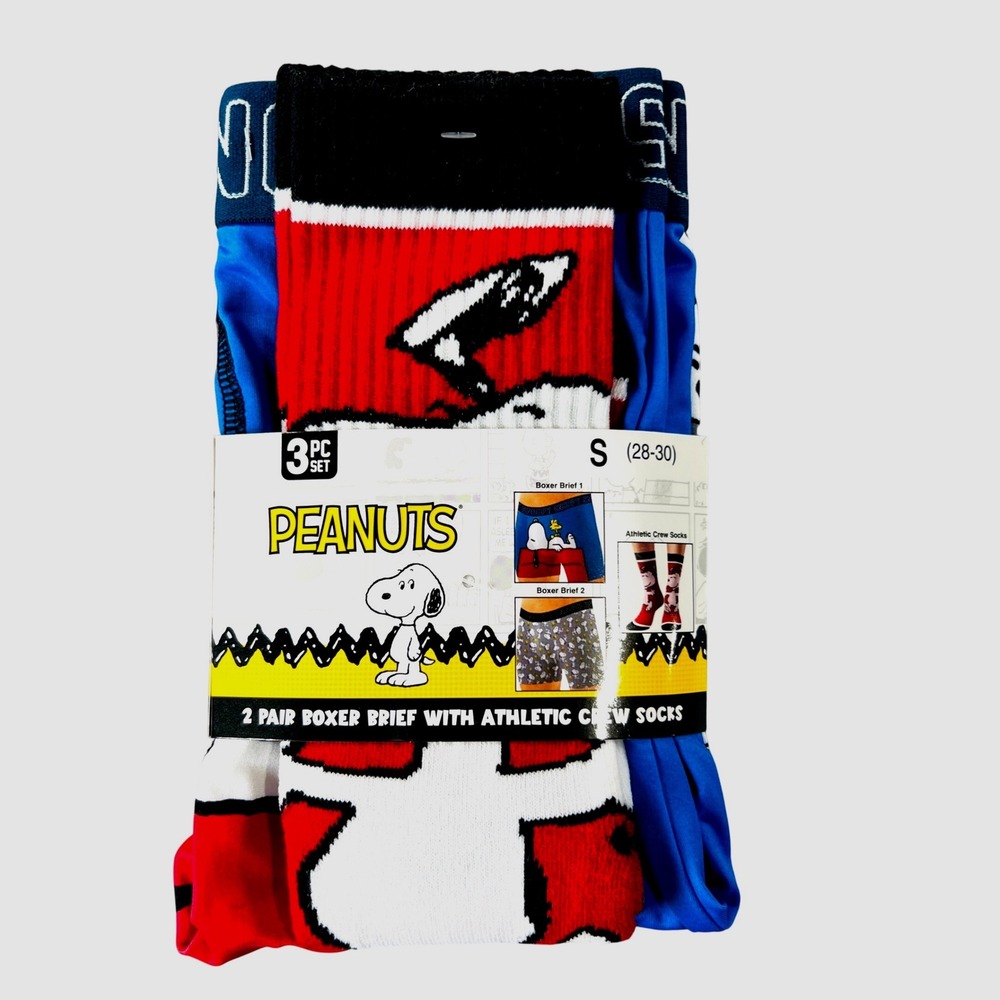 Peanuts Snoopy Boxer Briefs Socks 3PC Set Mens Small Blue Gray Red NWT Novelty - Picture 1 of 4